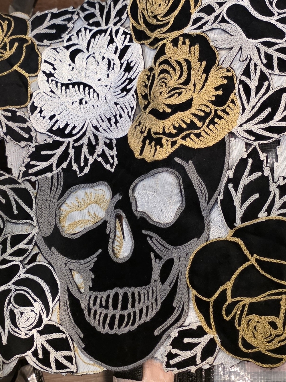 Black, Gold & Silver Embroidered Skull Decorative Table Runner 14x72